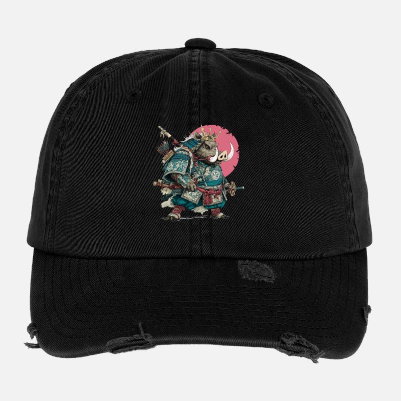 Boar Samurai in Teal Armor Flexfit Vintage Destroyed Cap