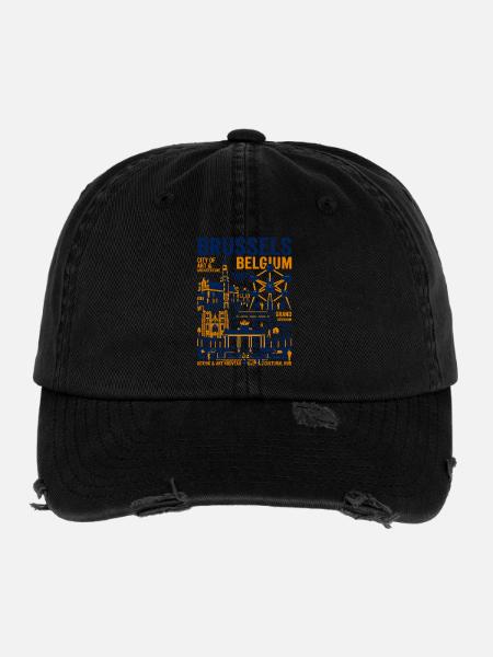 Illustrated Landmarks Of Brussels Belgium Capital - Flexfit Vintage Destroyed Cap - Schwarz - Vorne