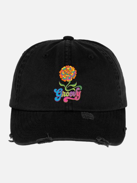 Groovy Marigold Blume 70er Jahre Retro - Flexfit Vintage Destroyed Cap - Schwarz - Vorne