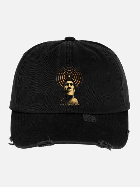 Moai Kosmisches Signal - Flexfit Vintage Destroyed Cap - Schwarz - Vorne