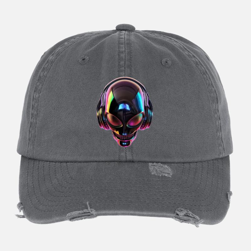 Schwarzer Alien-Kopf mit Kopfhörern Flexfit Vintage Destroyed Cap