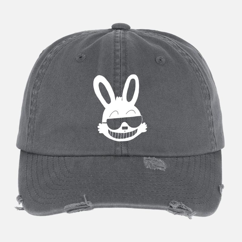 White rabbit showing off Flexfit Vintage Destroyed Cap