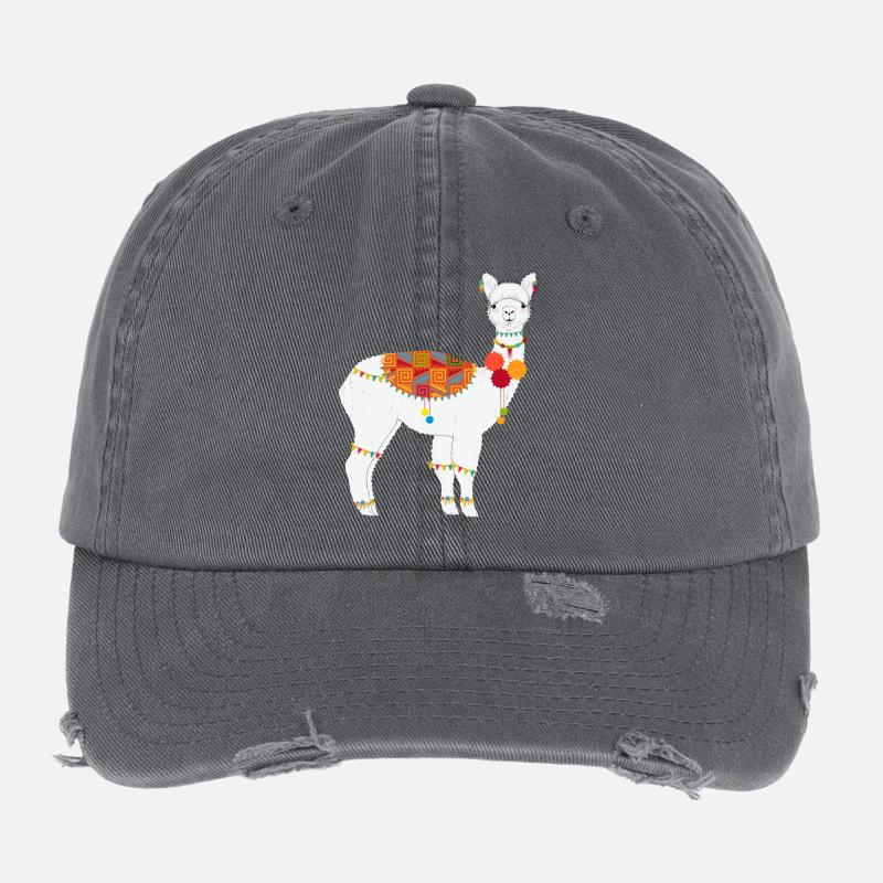 Traditionally Decorated Alpaca – Colorful Boho Motif Flexfit Vintage Destroyed Cap