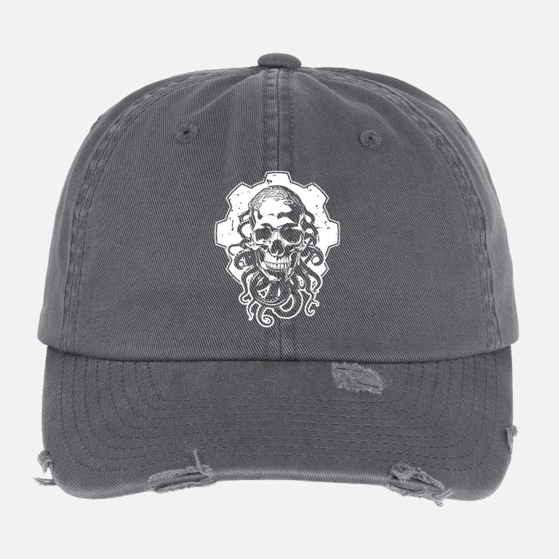 Crâne mystique avec des tentacules devant la roue dentée Casquette vintage effet usé Flexfit