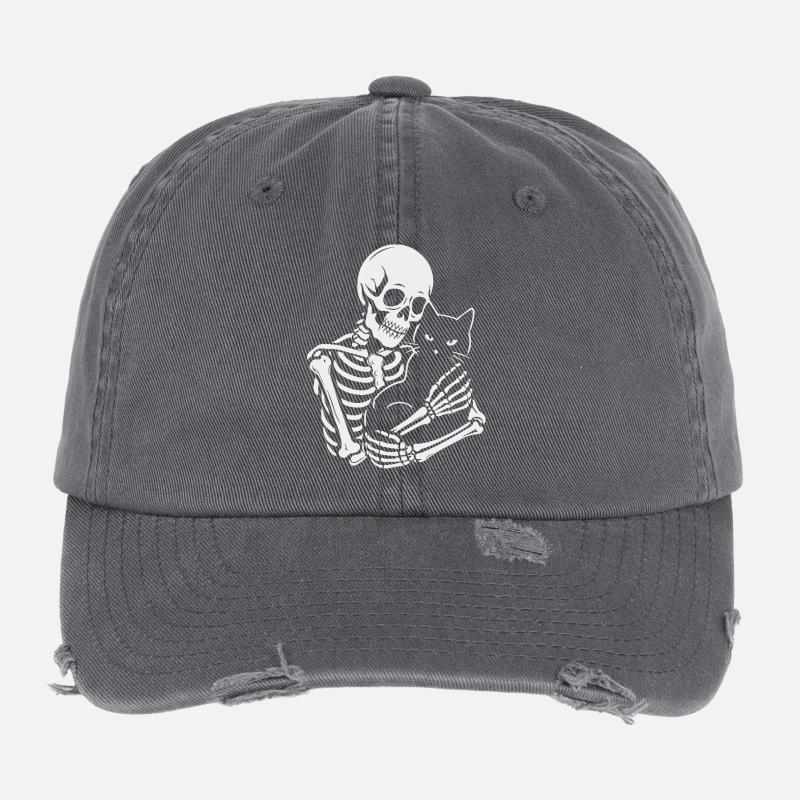 Skeleton stroking black cat Flexfit Vintage Destroyed Cap