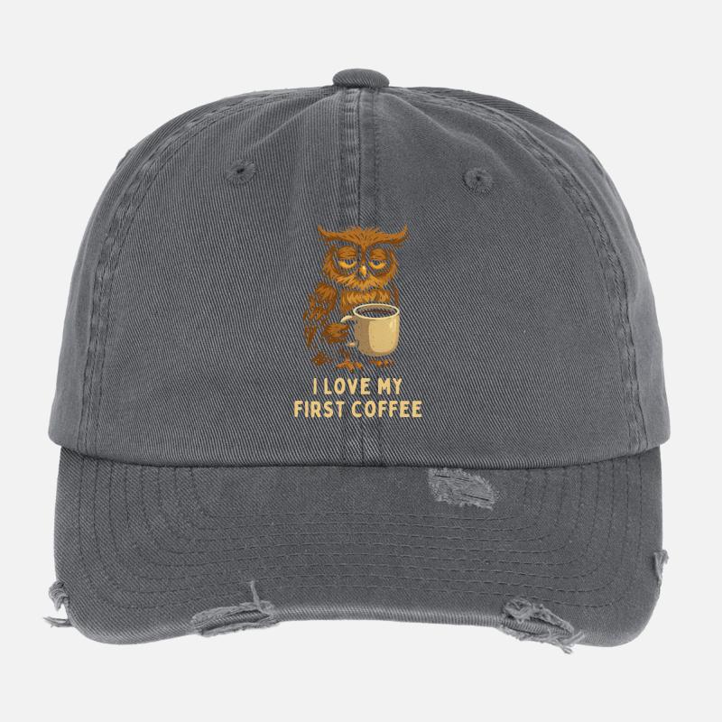 I Love my first Coffee Eule Owl Flexfit Vintage Destroyed Cap