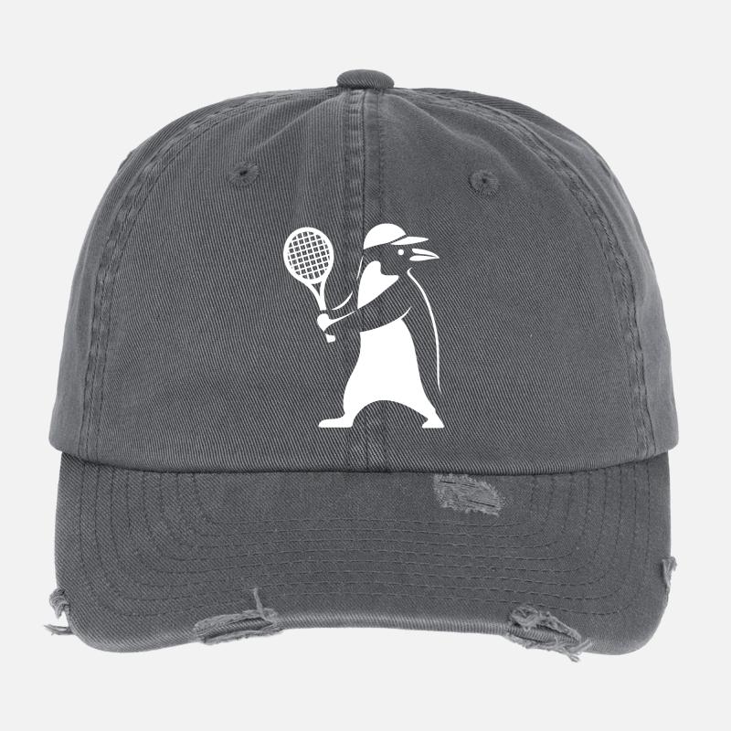Minimalist Penguin Tennis Backhand Player Flexfit Vintage Destroyed Cap