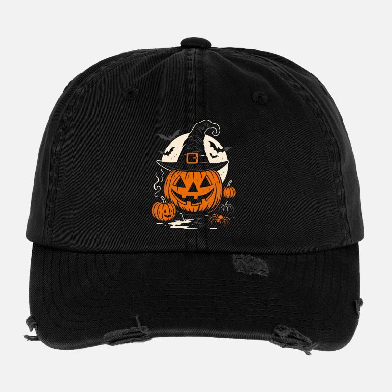 Halloween Pumpkin with Witch Hat & Spider Flexfit Vintage Destroyed Cap