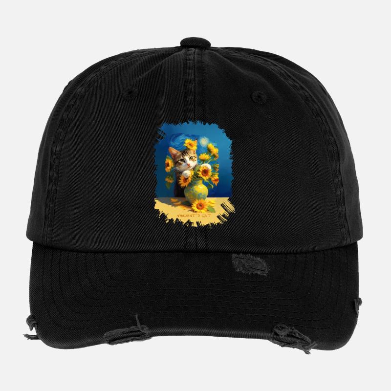 🌻😻 Le chat de Vincent parmi les tournesols – peinture Casquette vintage effet usé Flexfit
