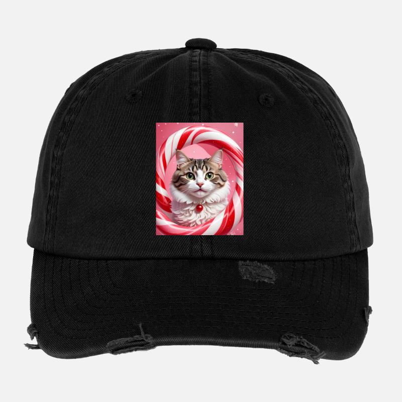 Weihnachtskatze im Süßigkeiten-Ring-Design Flexfit Vintage Destroyed Cap
