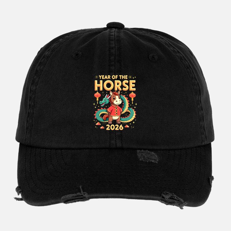 Nouvel An chinois du cheval 2026 Casquette vintage effet usé Flexfit