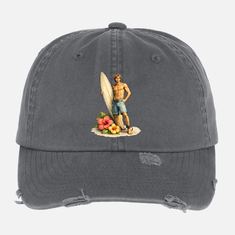 Surfer mit Board am tropischen Strand   Flexfit Vintage Destroyed Cap