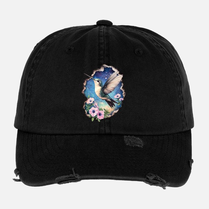 Kolibri mit Blüten Flexfit Vintage Destroyed Cap
