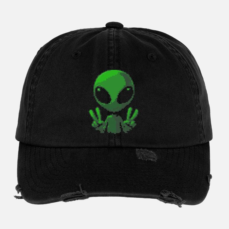 Pixel Green Alien Peace Sign Flexfit Vintage Destroyed Cap