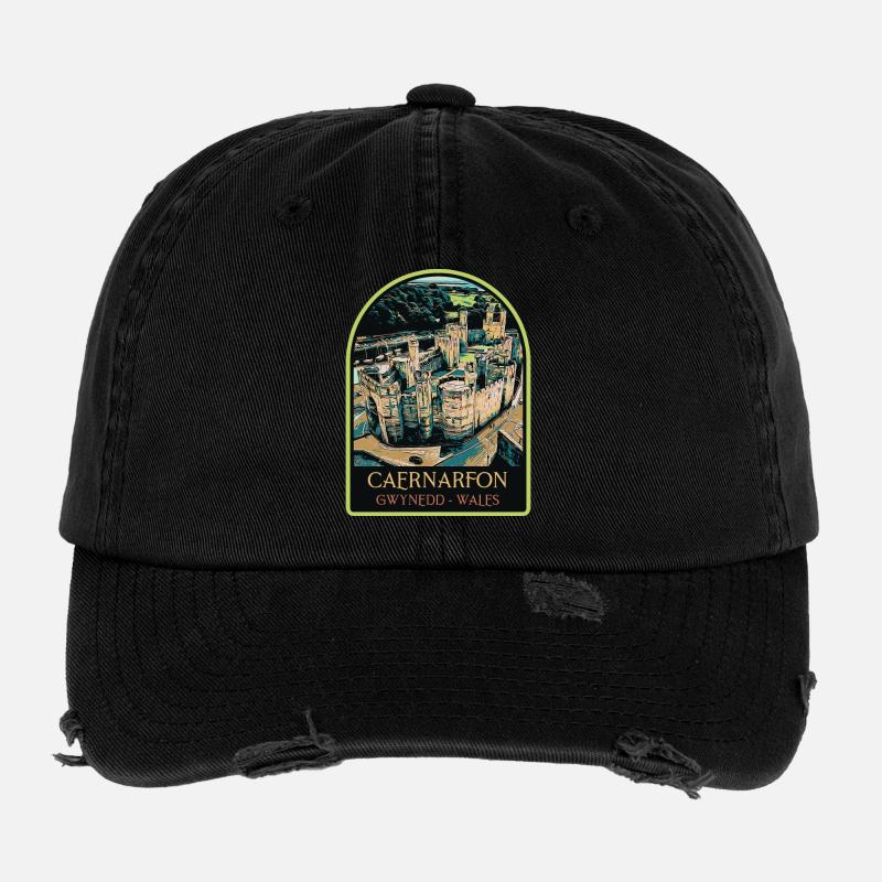 Illustration Caernarfon Castle, Wales, UK Flexfit Vintage Destroyed Cap