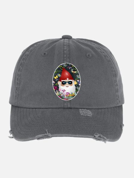 Nain de jardin avec masque incognito dans un jardin fleuri - Casquette vintage effet usé Flexfit - charbon - Devant