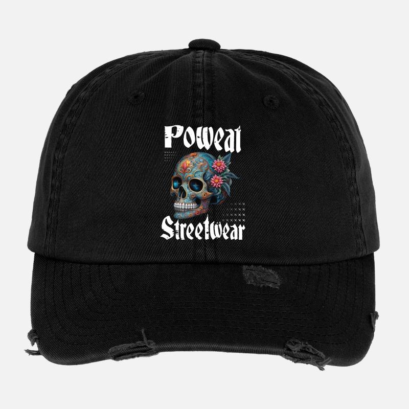 Poweat Streetwear Skull - Flexfit Vintage Destroyed Cap - Schwarz
