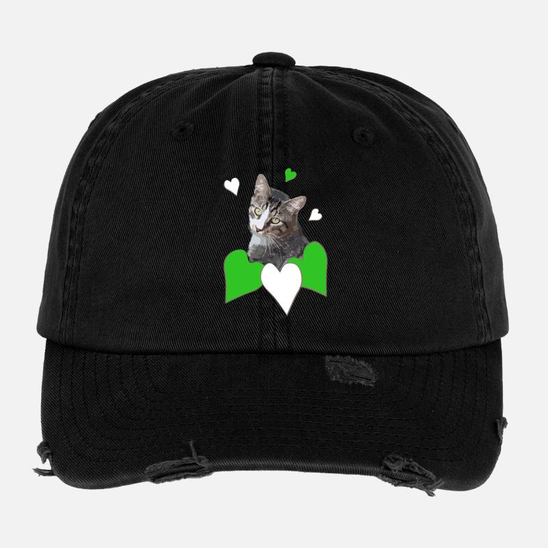 Cat Love Tabby Cat Green Hearts Flexfit Vintage Destroyed Cap