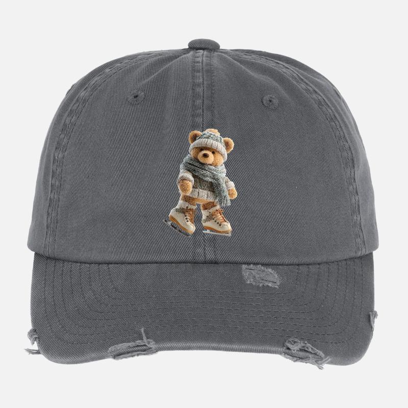 SchlittschuhlaufenderWinterbär Eiszauber mit Schal Flexfit Vintage Destroyed Cap
