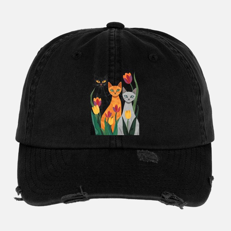 Trois chats stylisés : noir, gris, orange Casquette vintage effet usé Flexfit