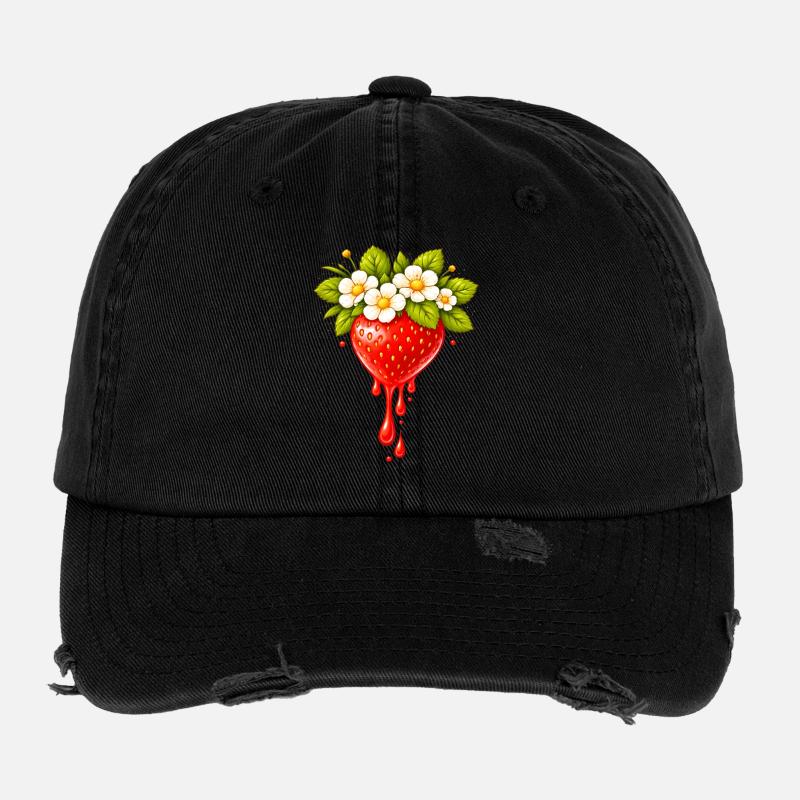 Erdbeere mit Blüten und Tropfen Flexfit Vintage Destroyed Cap