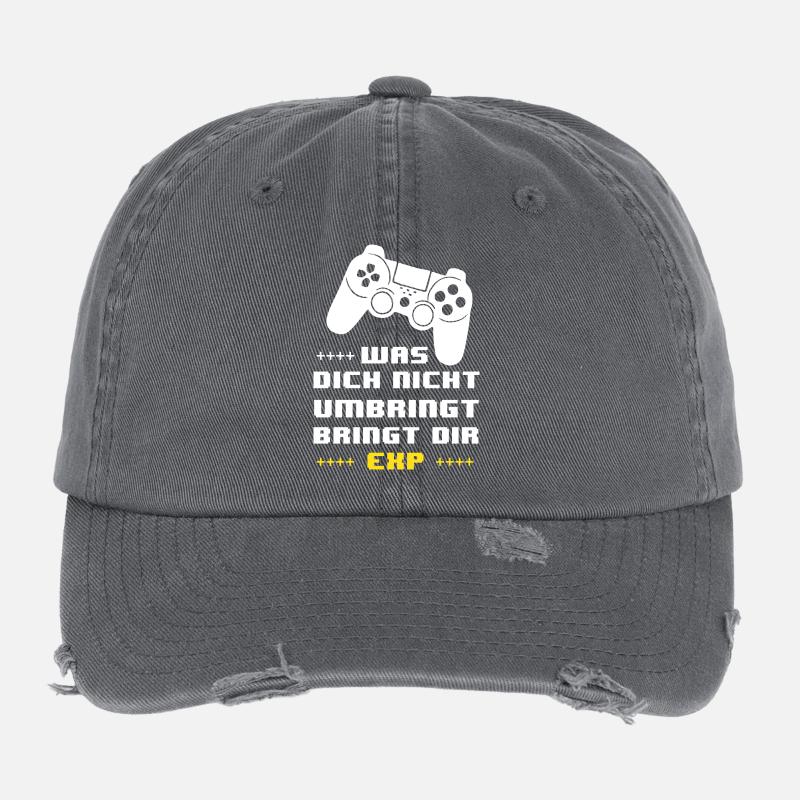 Gaming Motto EXP: Was dich nicht umbringt Flexfit Vintage Destroyed Cap