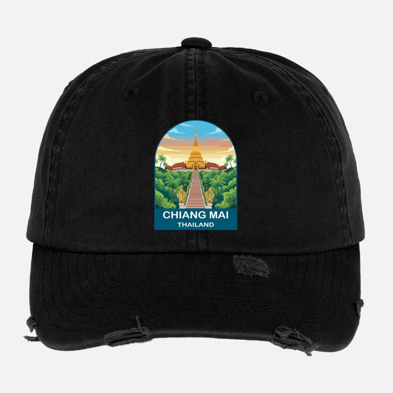 Chiang Mai Thailand Doi Suthep Reiseplakat-Kunst Flexfit Vintage Destroyed Cap