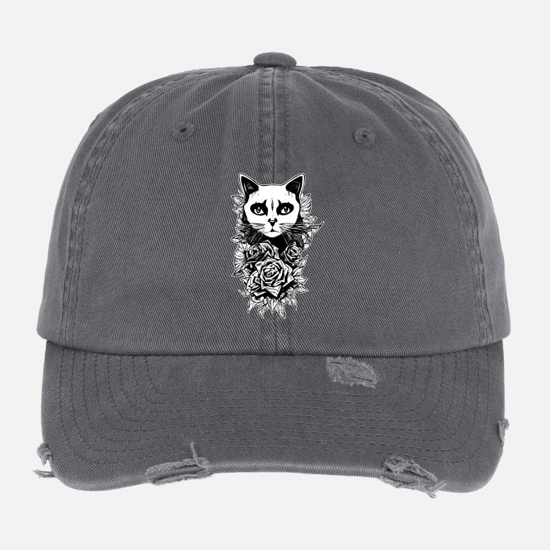 Gothic Drawing | Flowers and cat Flexfit Vintage Destroyed Cap