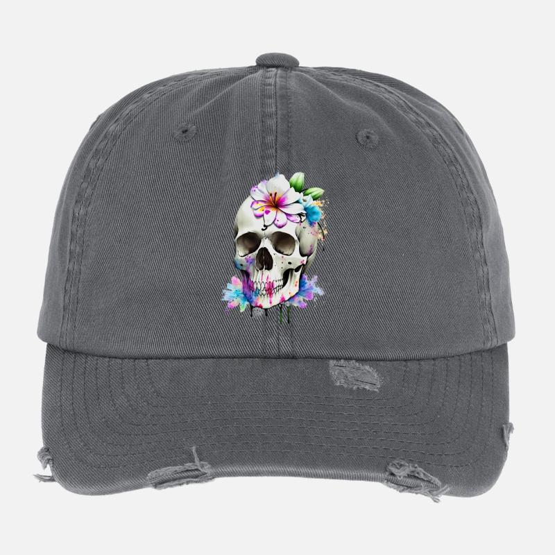Schädel mit Lilien Flexfit Vintage Destroyed Cap