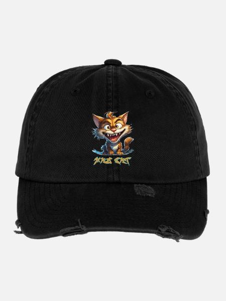 Mad Cat - Chat Fou - Zeichentrickfilm - Flexfit Vintage Destroyed Cap - Schwarz - Vorne