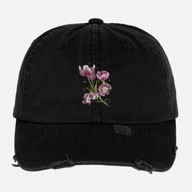 Tulipes et étoiles, Œuvres d’art en techniques mixtes Casquette vintage effet usé Flexfit