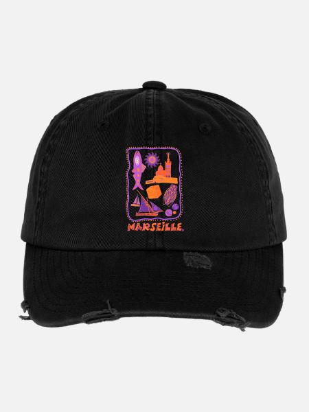 Marseille rétro - voyage et méditerranée - Casquette vintage effet usé Flexfit - noir - Devant