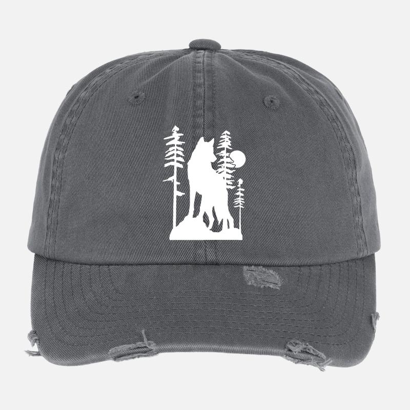 Mystical Wolf Howling at Full Moon Flexfit Vintage Destroyed Cap