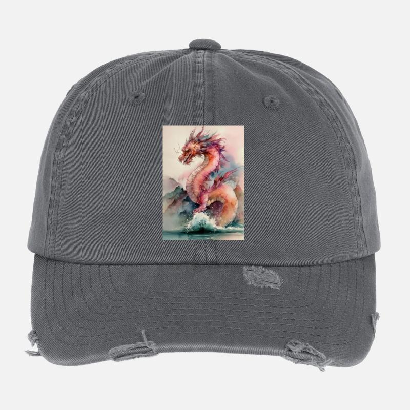 Fancy Watercolor Dragon Marine Flexfit Vintage Destroyed Cap