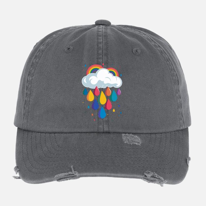 Rainbow Cloud Colorful Raindrops Graphic Flexfit Vintage Destroyed Cap