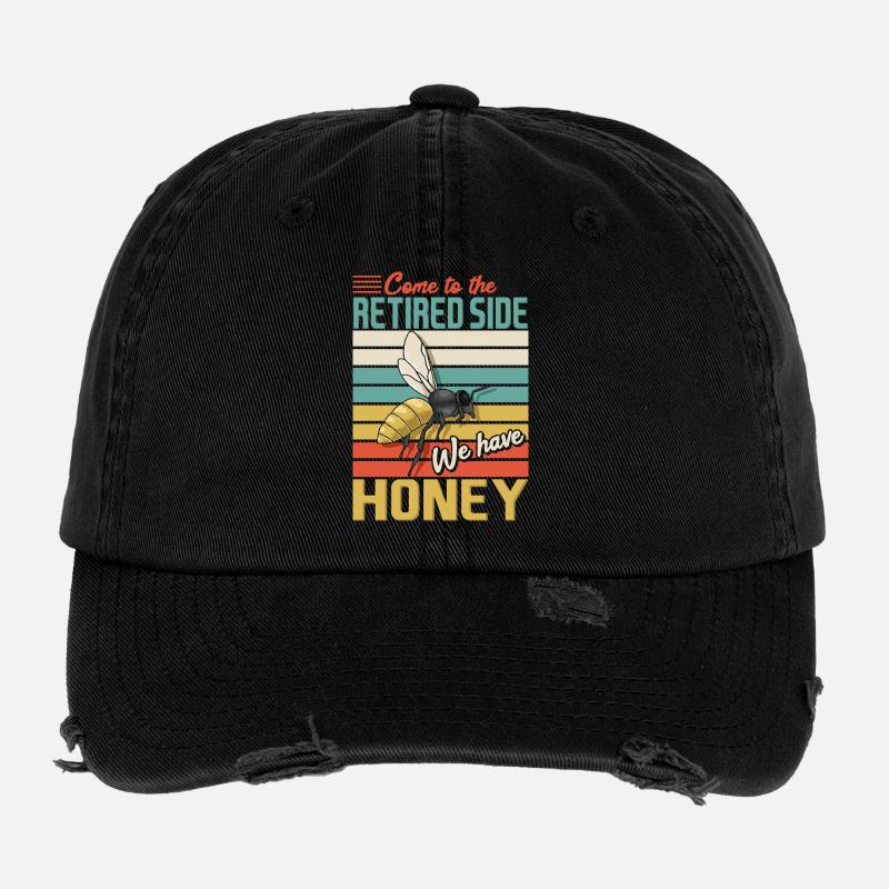 Retired Side Honey Funny Bee Retro Sunset Design Flexfit Vintage Destroyed Cap