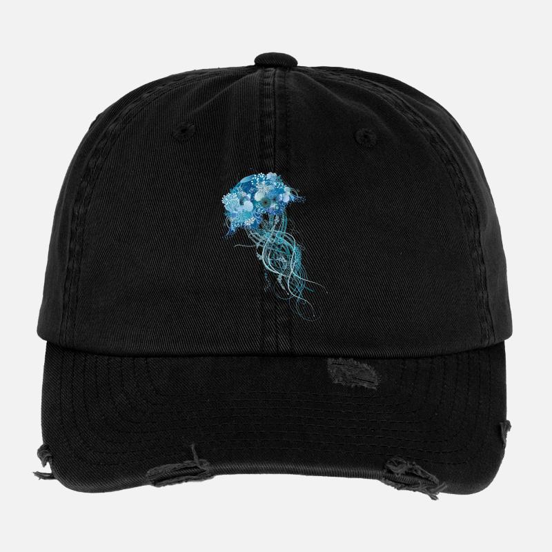 méduse bleue avec coraux, coquillages et anémones de mer Casquette vintage effet usé Flexfit