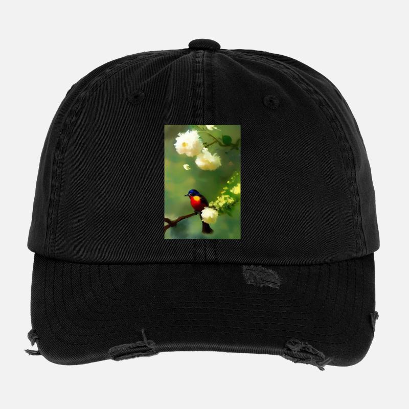 Bird on branch with flower blossoms Flexfit Vintage Destroyed Cap