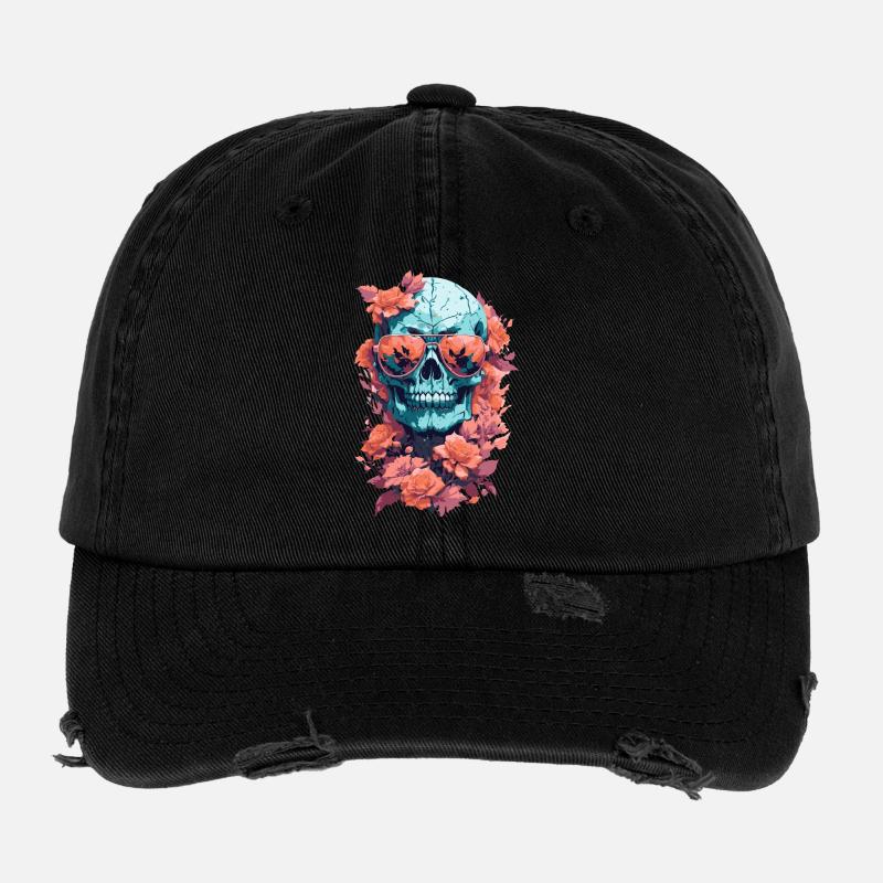 Crâne avec des lunettes et des fleurs d’automne Casquette vintage effet usé Flexfit