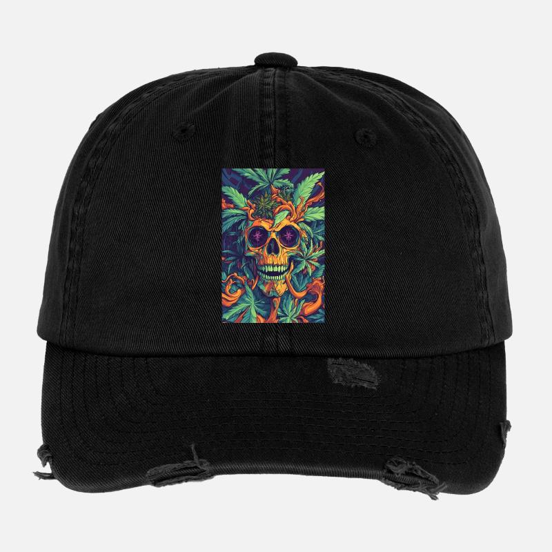 Schädel mit Hanfblättern und Flammen - Flexfit Vintage Destroyed Cap - Schwarz