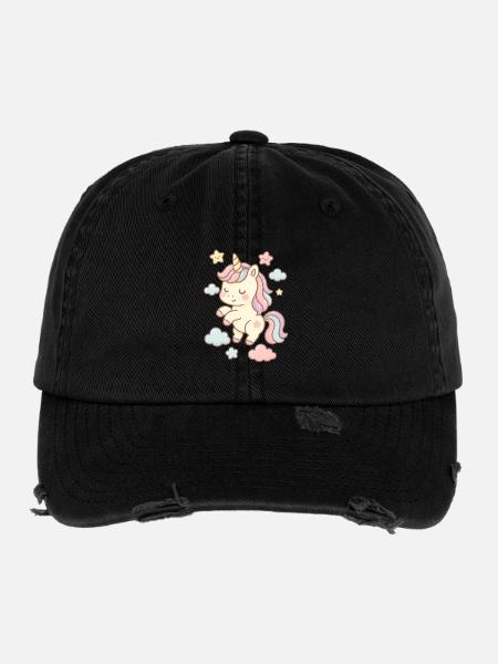 Belle illustration de licorne avec motif pastel - Casquette vintage effet usé Flexfit - noir - Devant