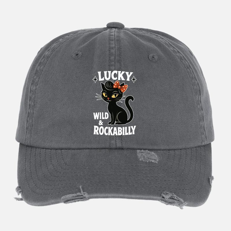 Rockabilly schwarze Katze glücklich wild Geschenk Flexfit Vintage Destroyed Cap