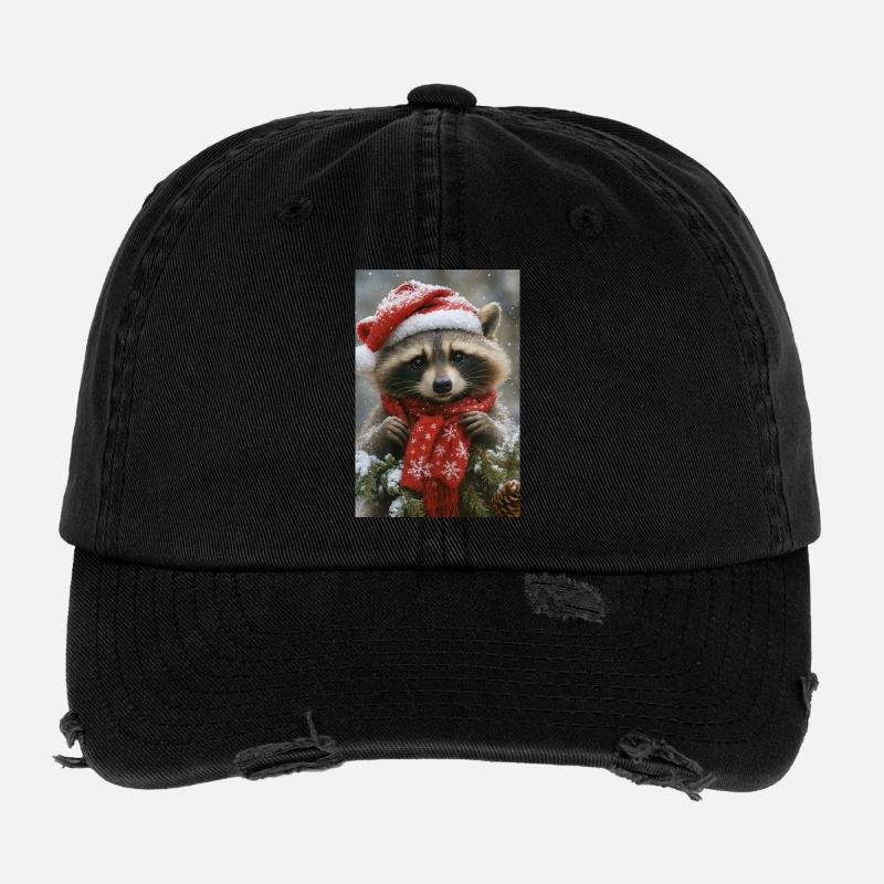 Cozy Raccoon in Winter Reds Flexfit Vintage Destroyed Cap