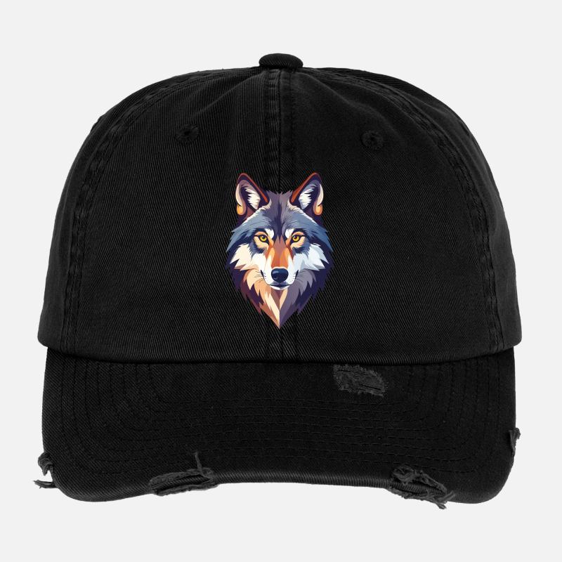 Wolf Kopf Motiv stolzer Wolfskopf Illustration Flexfit Vintage Destroyed Cap