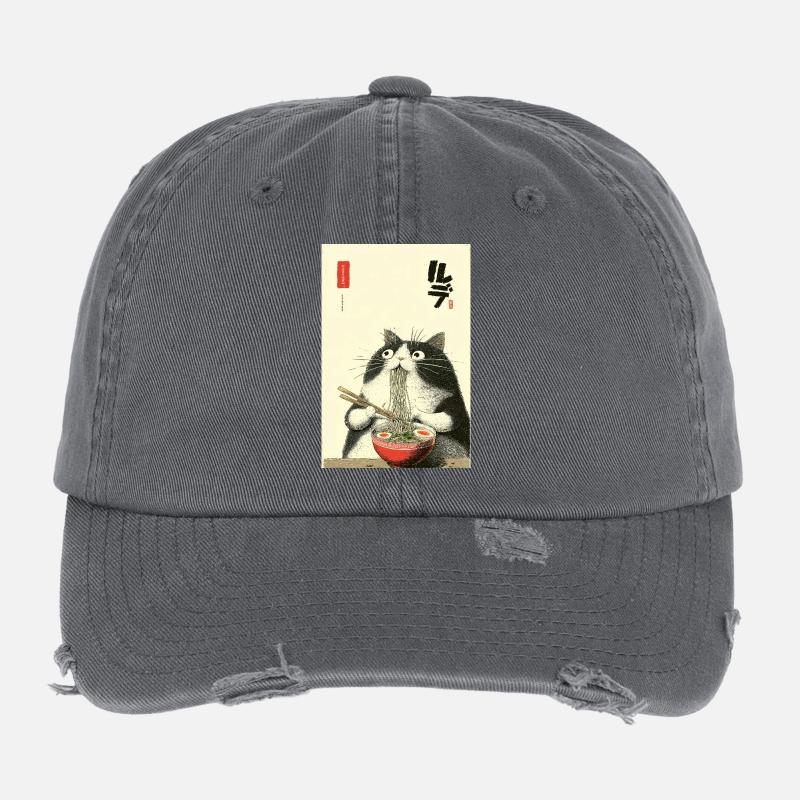Noodle Cat Ukiyoe Style Flexfit Vintage Destroyed Cap