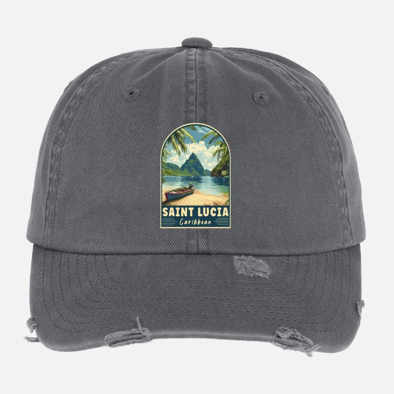 Explore Saint Lucia Caribbean Tropical Paradise Flexfit Vintage Destroyed Cap