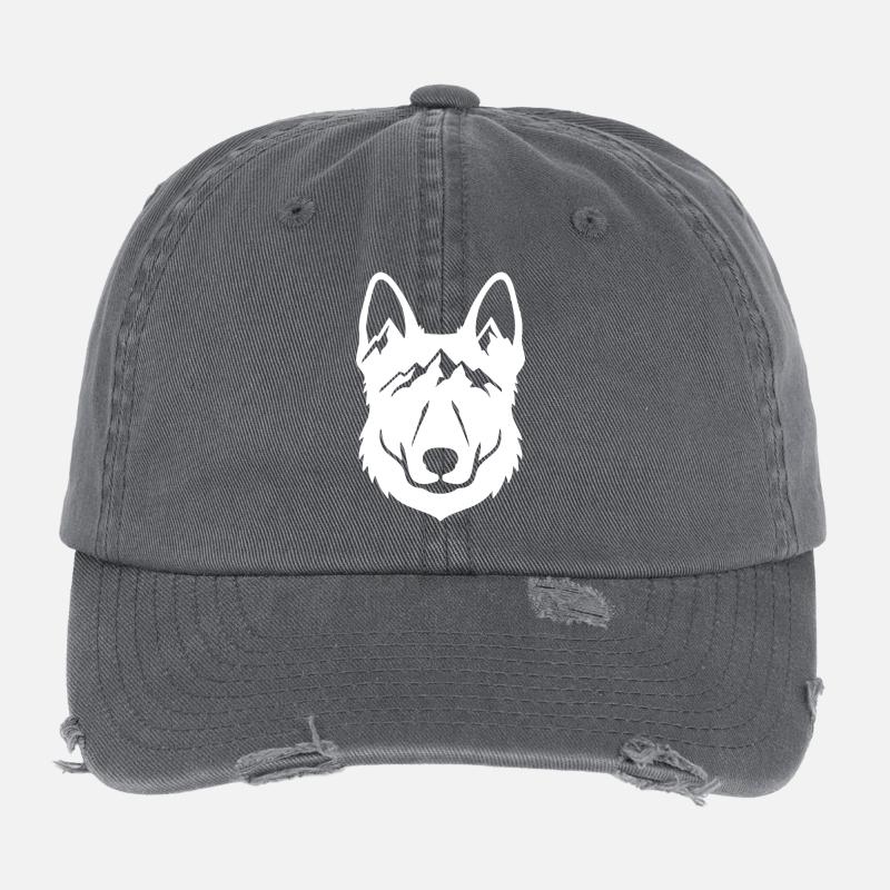 Mountain Wolf Line Art Flexfit Vintage Destroyed Cap
