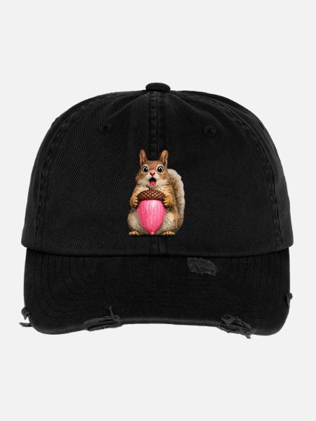 Squirrel with pink acorn - Flexfit Vintage Destroyed Cap - black - Front