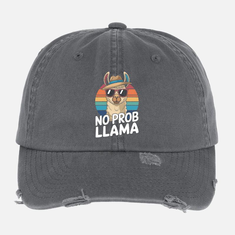 No Prob Llama Retro Sunburst Design Flexfit Vintage Destroyed Cap
