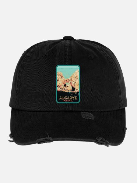 Emblematische Klippen der Algarve: Originalansicht - Flexfit Vintage Destroyed Cap - Schwarz - Vorne
